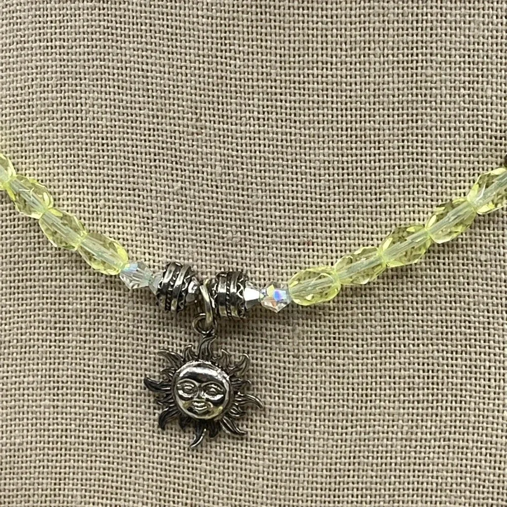 Vintage Handmade Silver Sun Pendant Necklace with Green Faceted Crystals